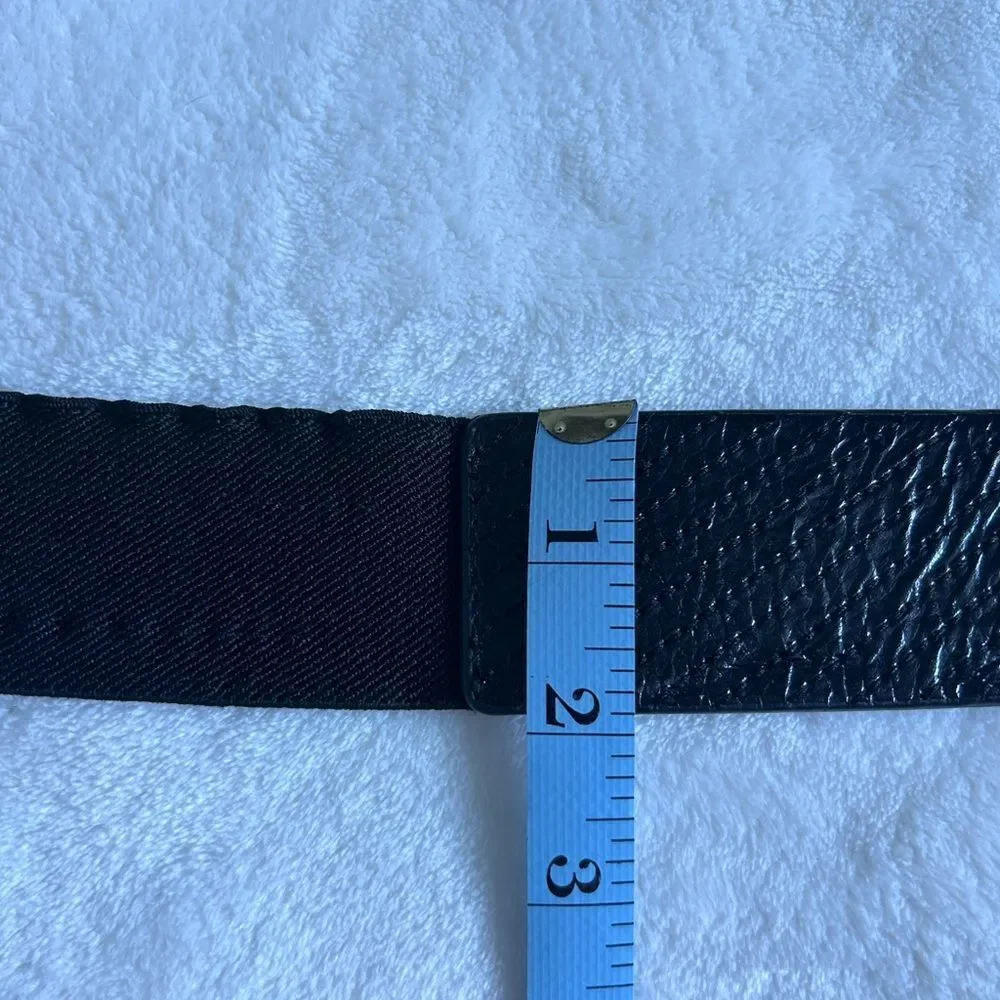 Black Wide Stretch Belt with Silver Statement Buckle Textured Faux Leather